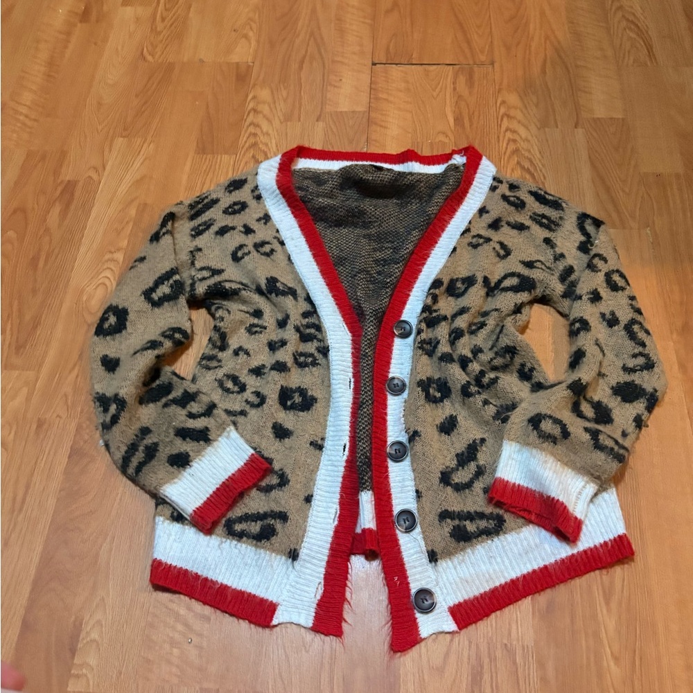 Leopard Print Cardigan with Red Trim